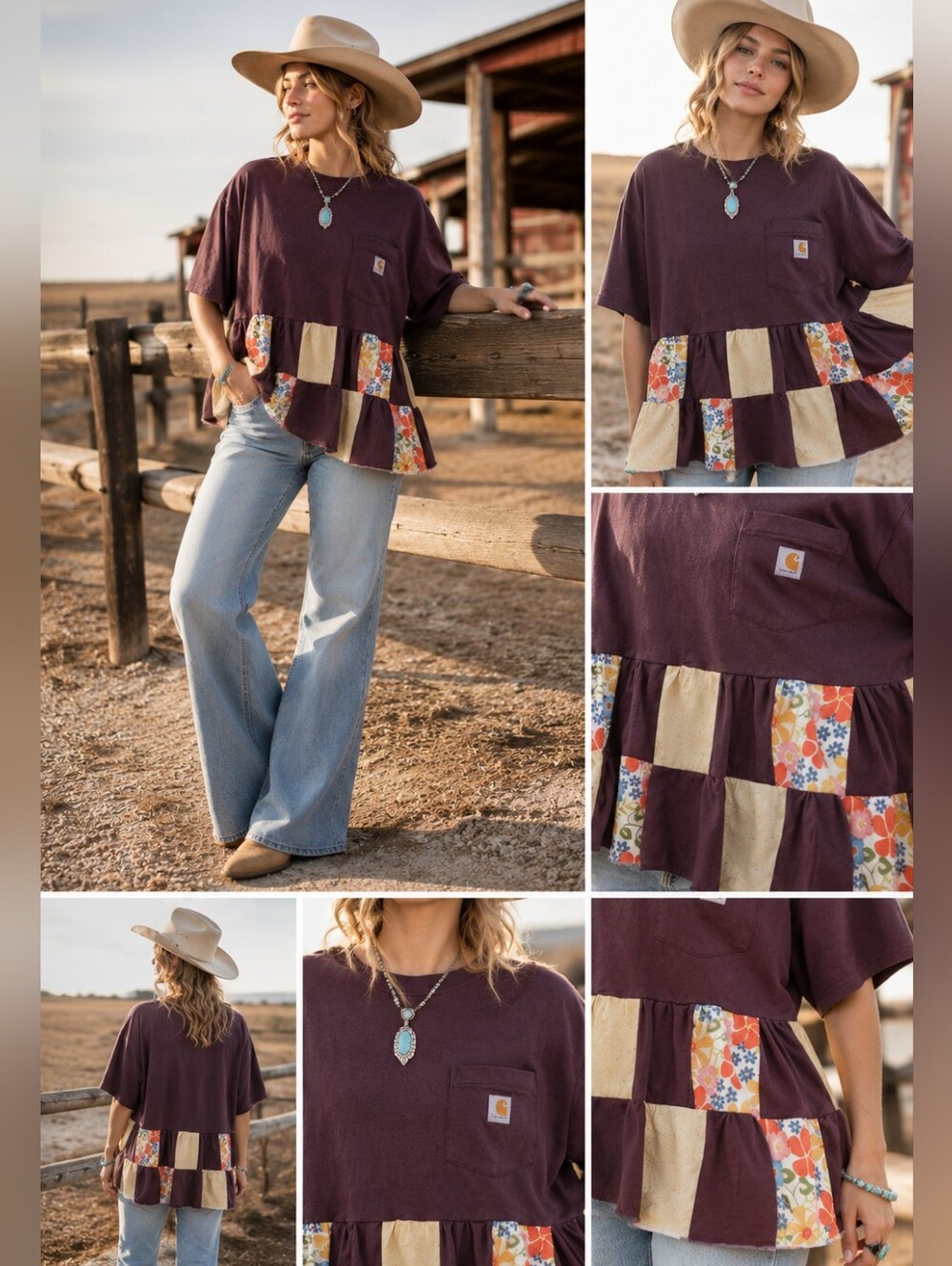 Handmade Carhartt Force Relaxed Fit Patchwork Tunic Top Burgundy Floral Size 2XL